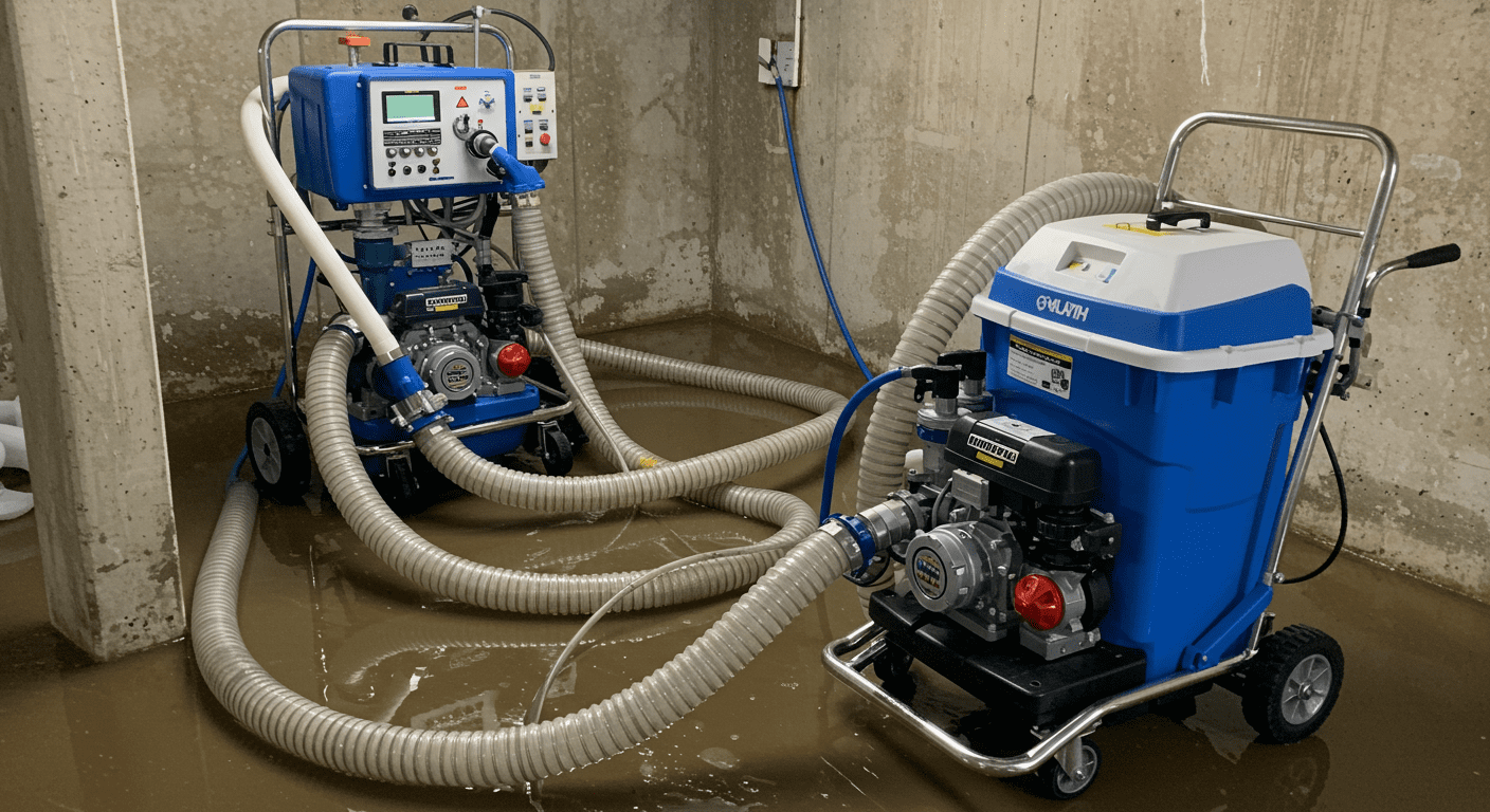Advanced water extraction equipment in a flooded basement