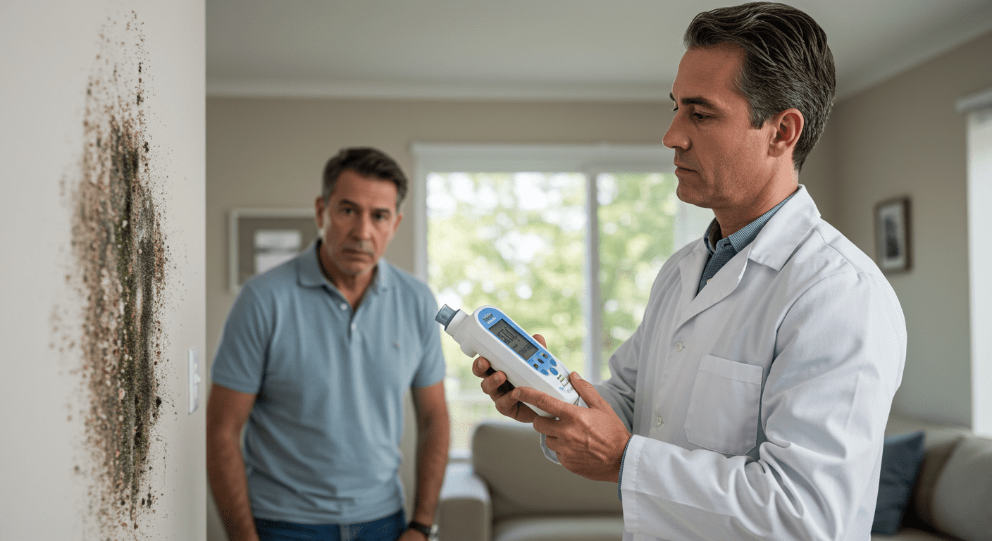 A technician conducting air quality testing in a home, showcasing the importance of monitoring mold spores and ensuring a safe environment.