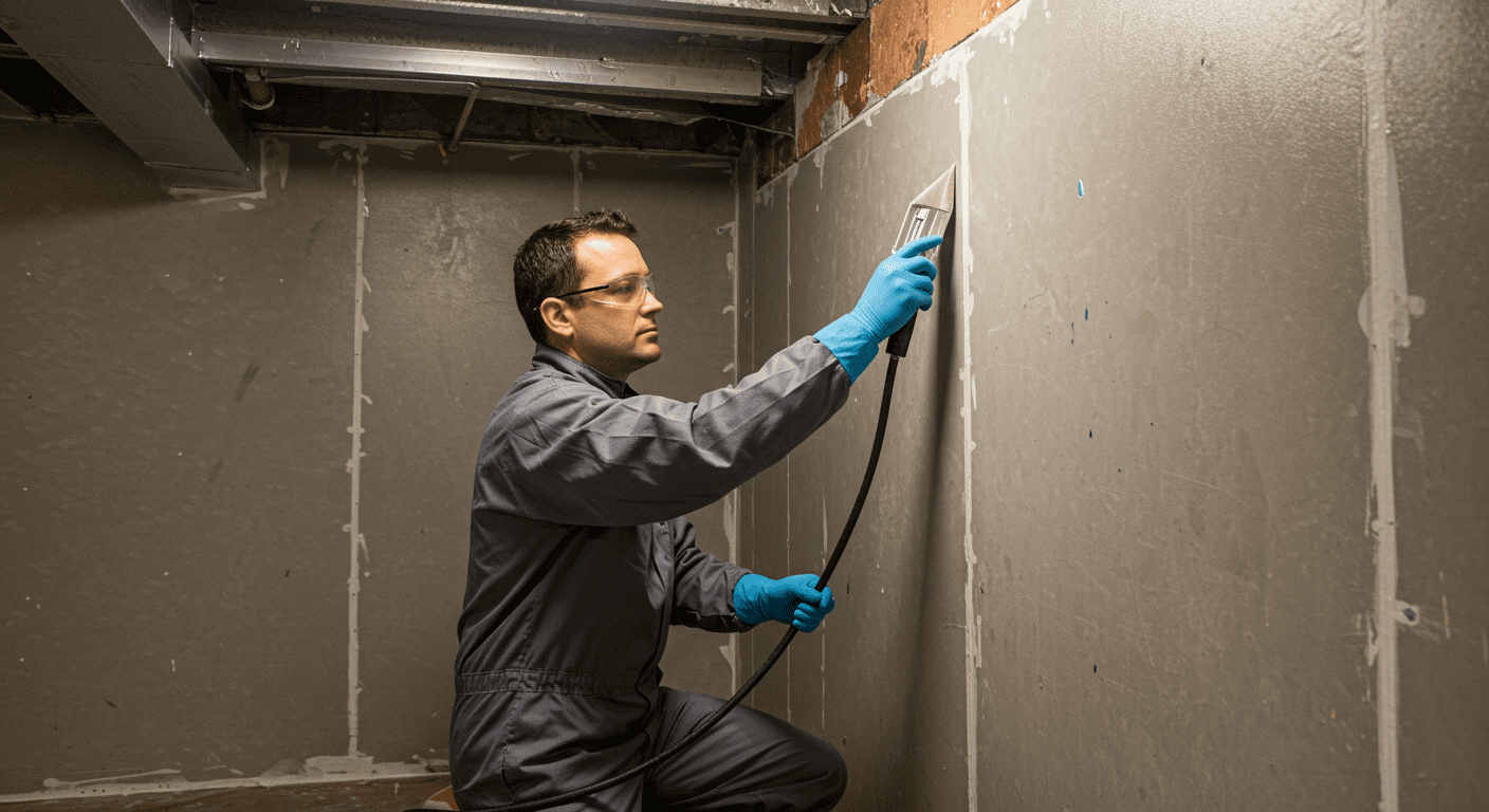 A technician applying a mold-resistant sealant to a basement wall after cleaning.