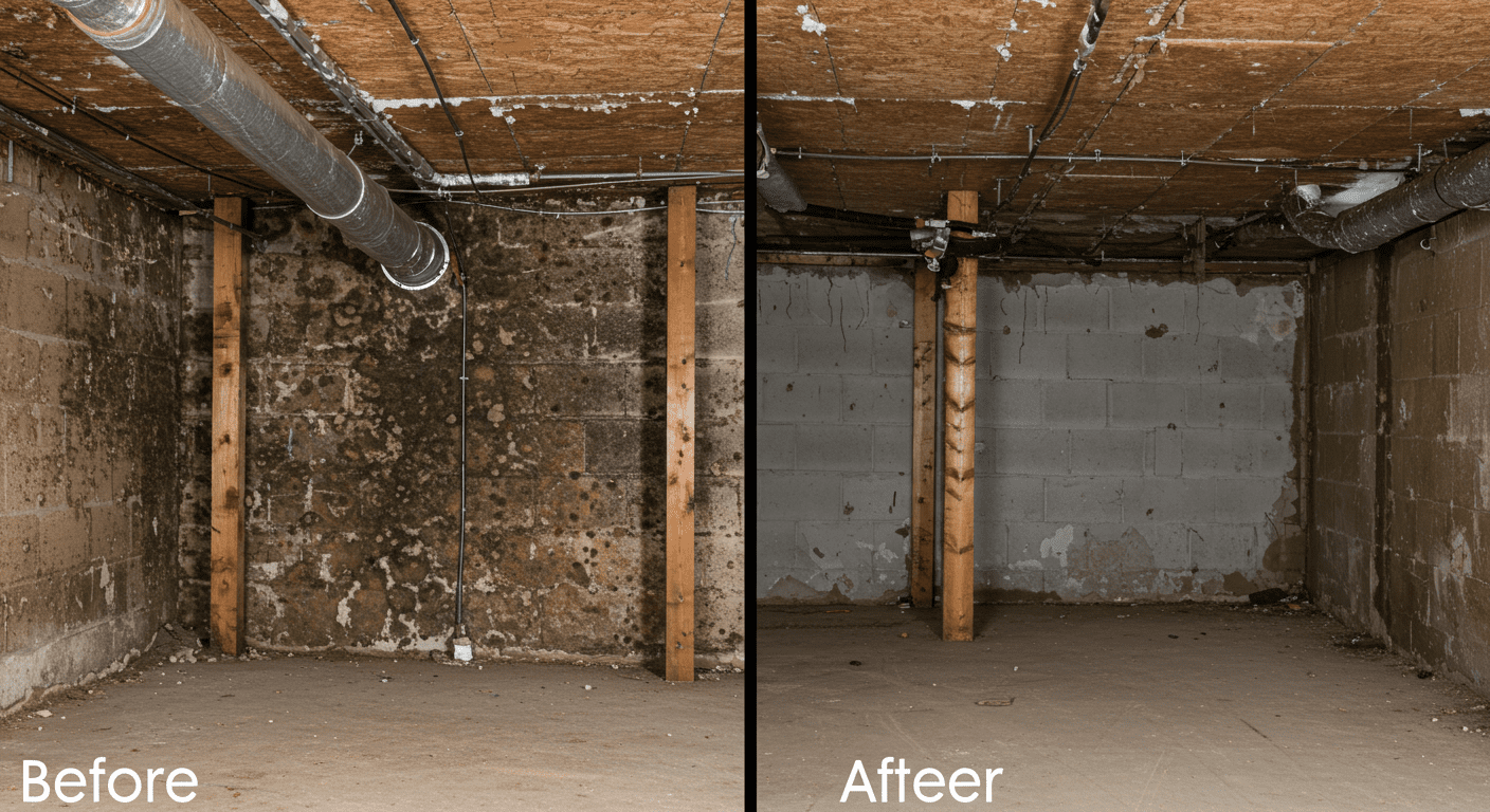 A side-by-side comparison image showing a crawl space before and after mold treatment, with visible mold on one side and a clean space on the other.