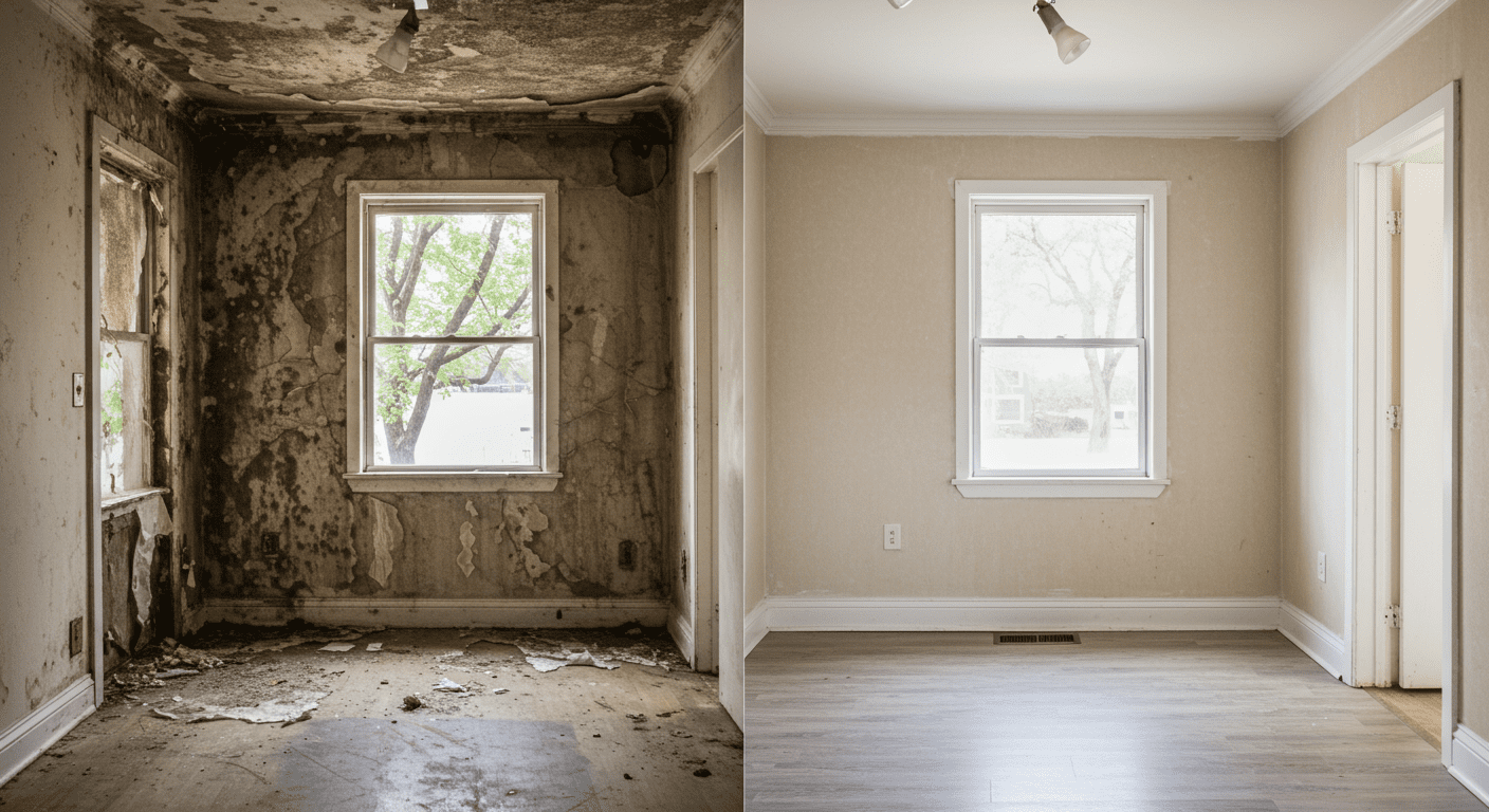 A split image showing a room before and after mold remediation. The left side shows extensive mold damage, while the right side is clean and restored.