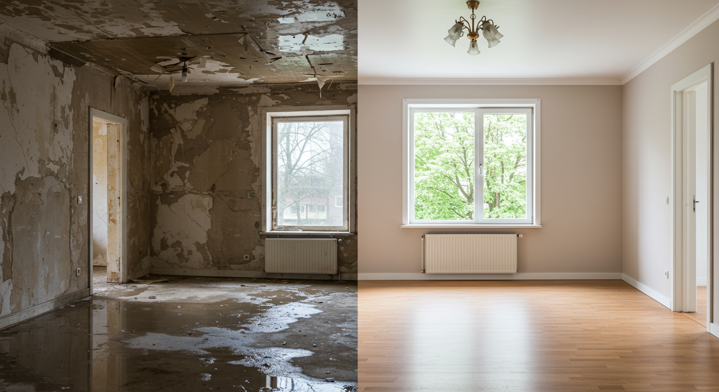 A split image showing a water-damaged room on one side and the fully restored room on the other. The contrast highlights the effectiveness of restoration services, with a focus on the transformation.