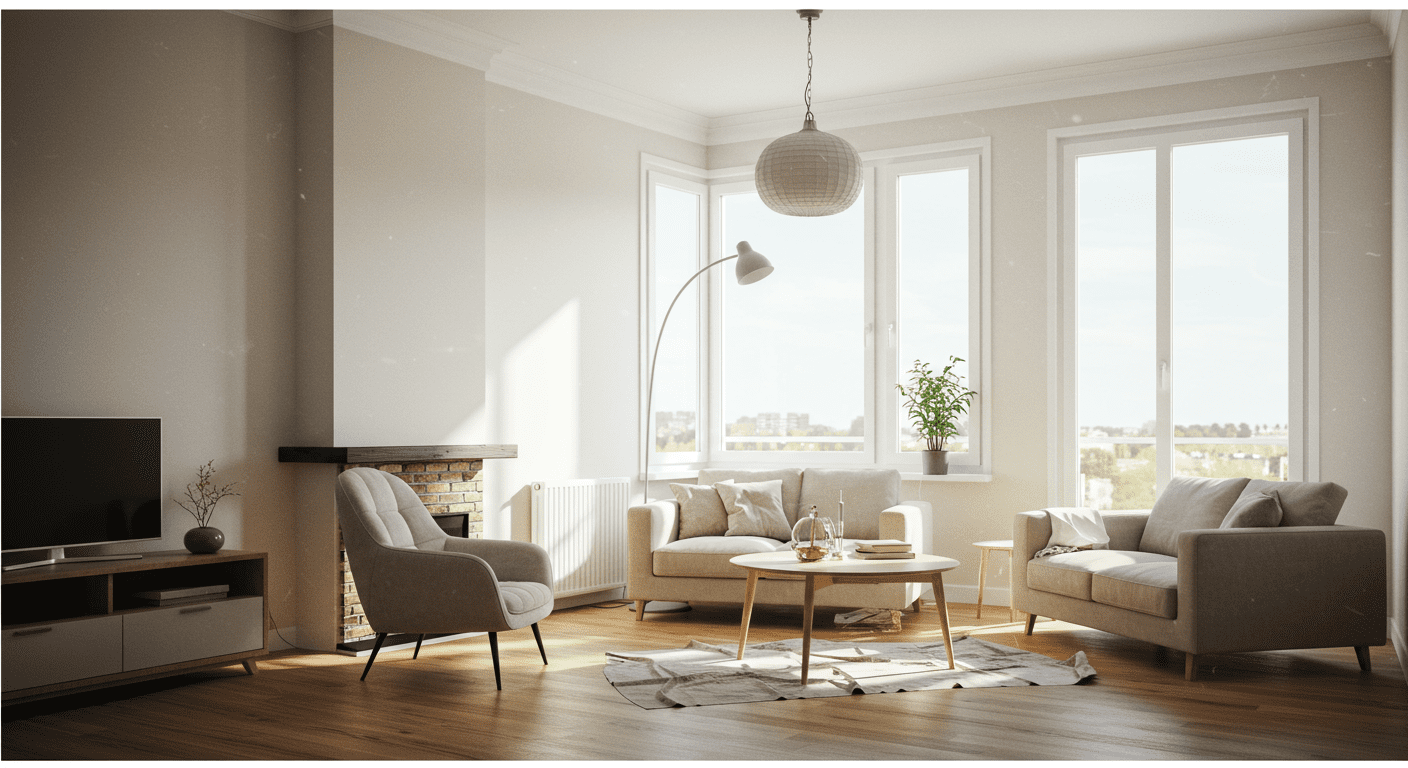A clean, bright living room after mold removal, showcasing fresh paint and new furniture. Sunlight streams through the windows, highlighting the airiness of the space.