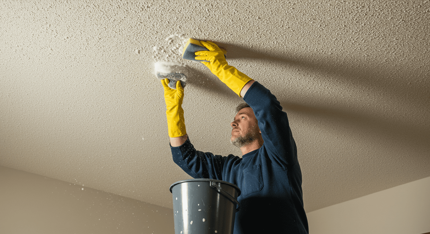 A person struggling to clean a popcorn ceiling, highlighting the maintenance difficulties.