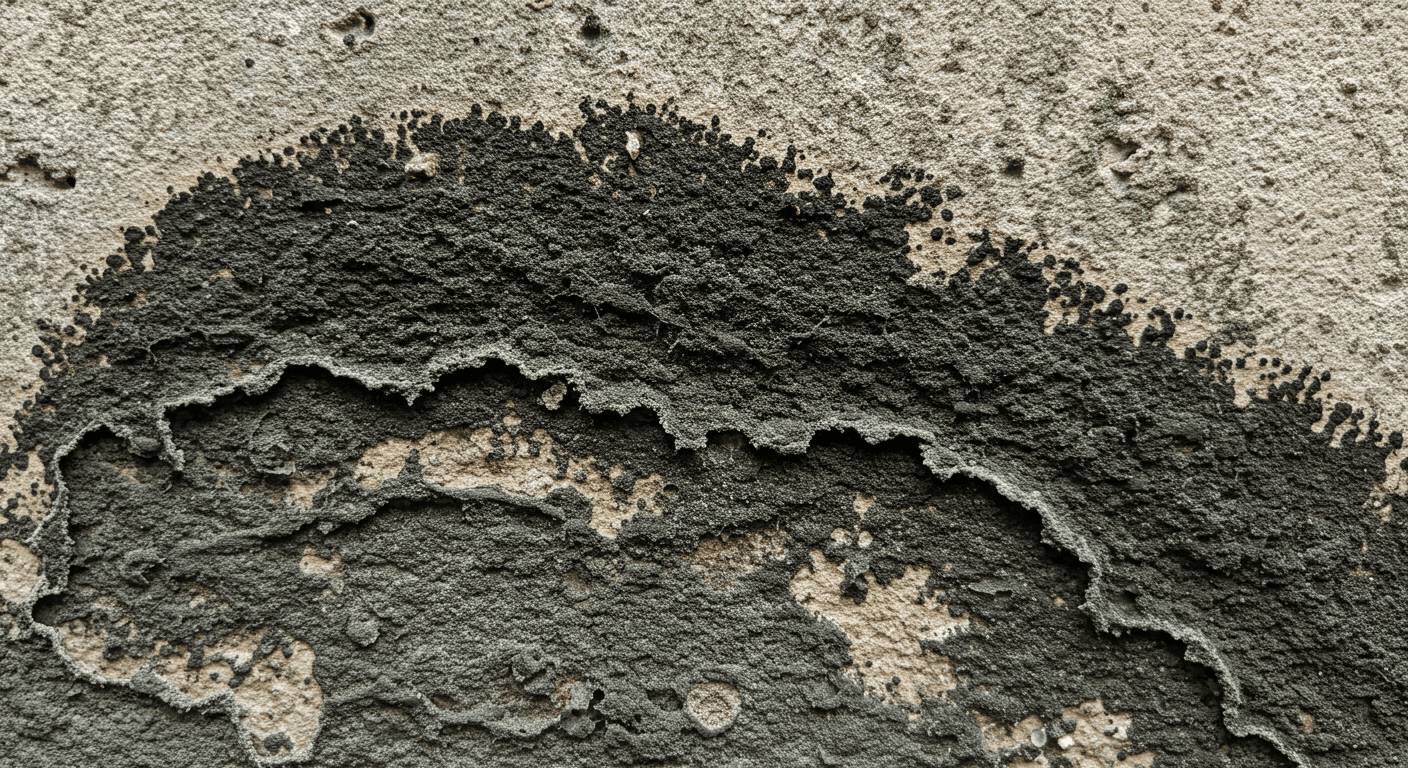 A close-up of black mold growing on a damp wall, showcasing the texture and color contrast between the mold and the wall surface.