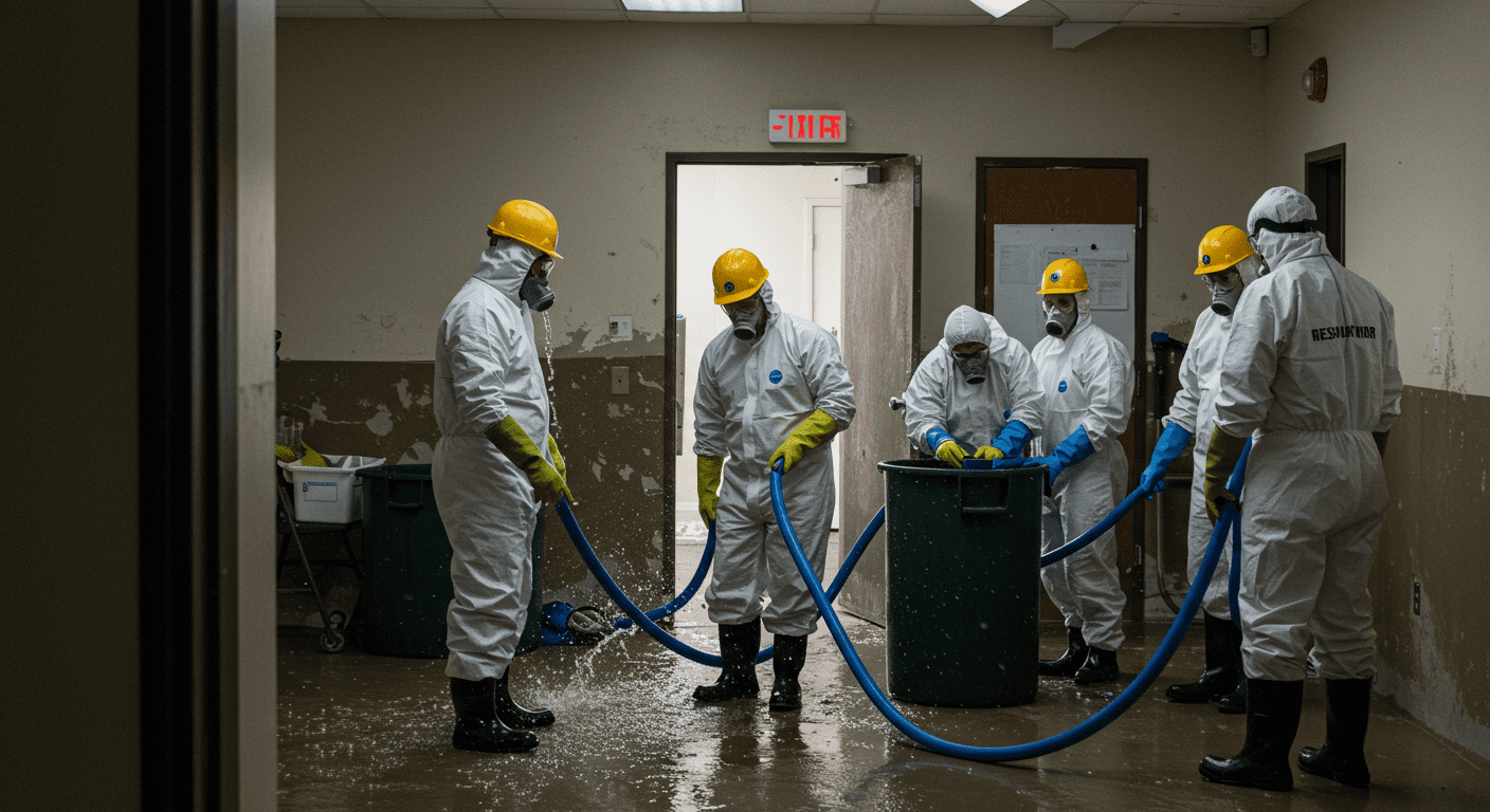 A team of restoration professionals in protective gear working diligently to extract water from a flooded commercial space. The scene captures the urgency and teamwork involved in the restoration process.
