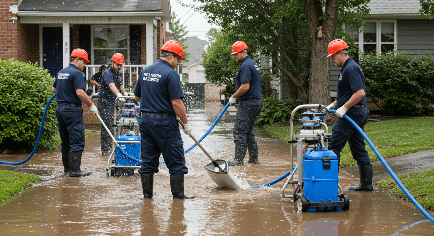 A team of professionals in uniforms actively removing water from a flooded residential area. They are using industrial water extraction equipment, showcasing urgency and expertise.