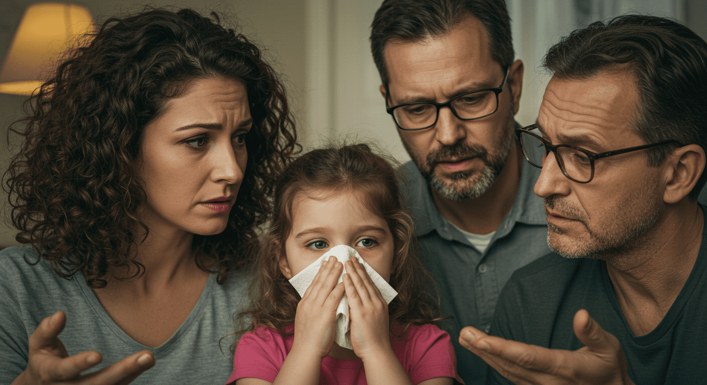 A family looking concerned while discussing health risks associated with mold, with a focus on a child holding a tissue.