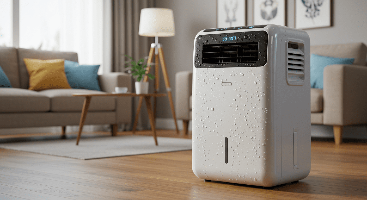A visually appealing image of a dehumidifier in a living room setting, with water droplets on the exterior, symbolizing moisture control to prevent mold.