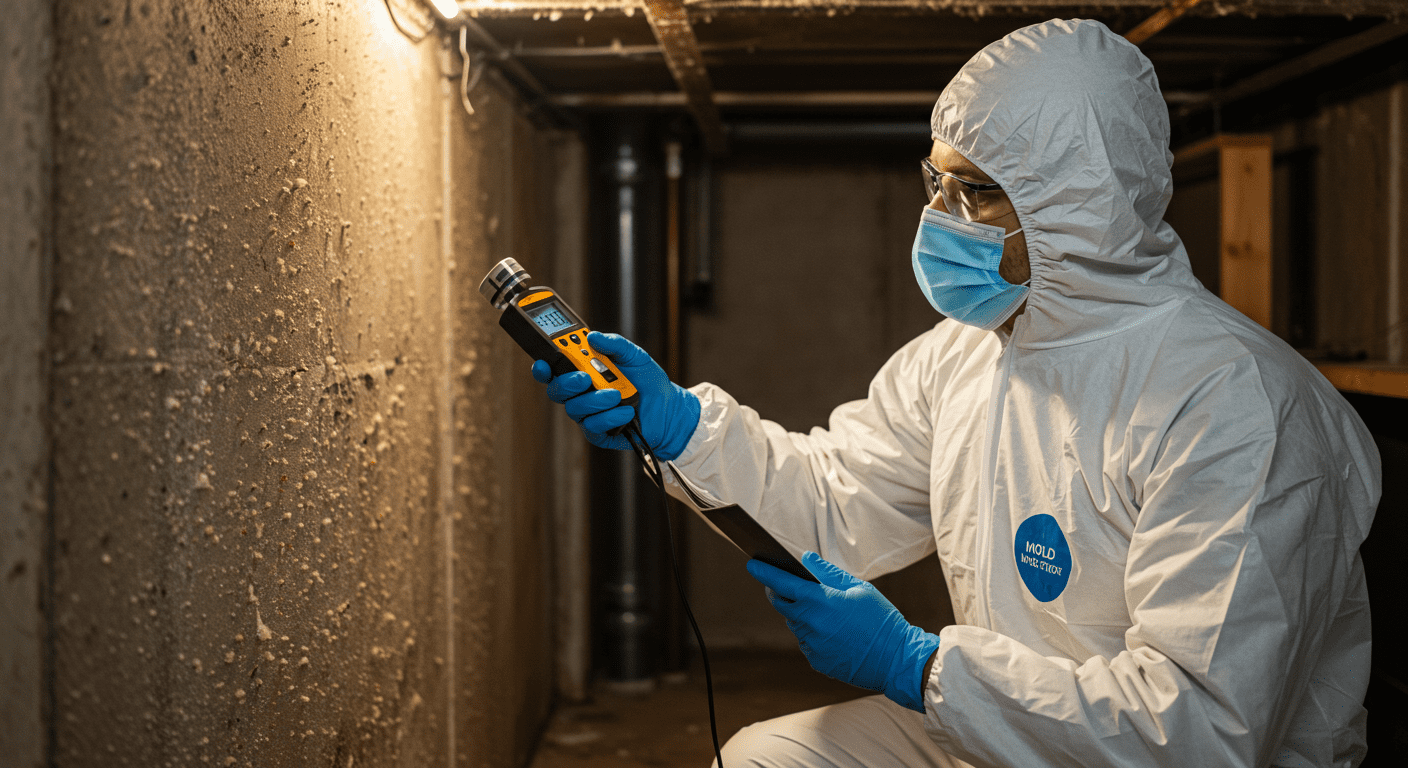 A professional mold inspector in protective gear examining a damp corner of a basement, using a moisture meter.