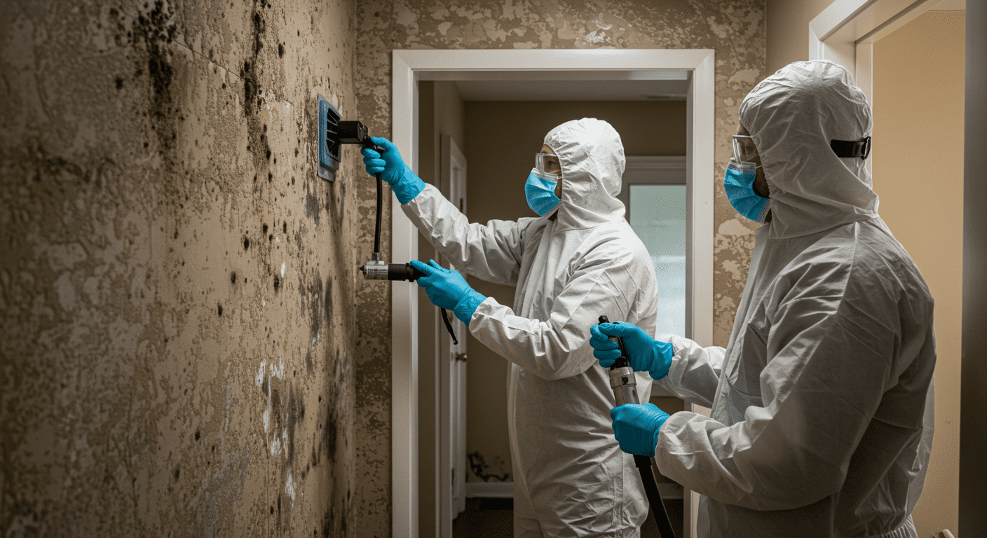 A professional mold remediation team in protective gear working in a home. They are using specialized equipment to remove mold from a wall, emphasizing the importance of professional services.