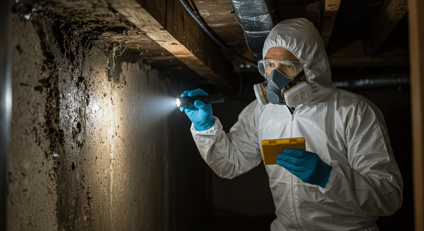 A professional mold inspector in protective gear examining a damp corner of a basement with a flashlight and mold testing kit.