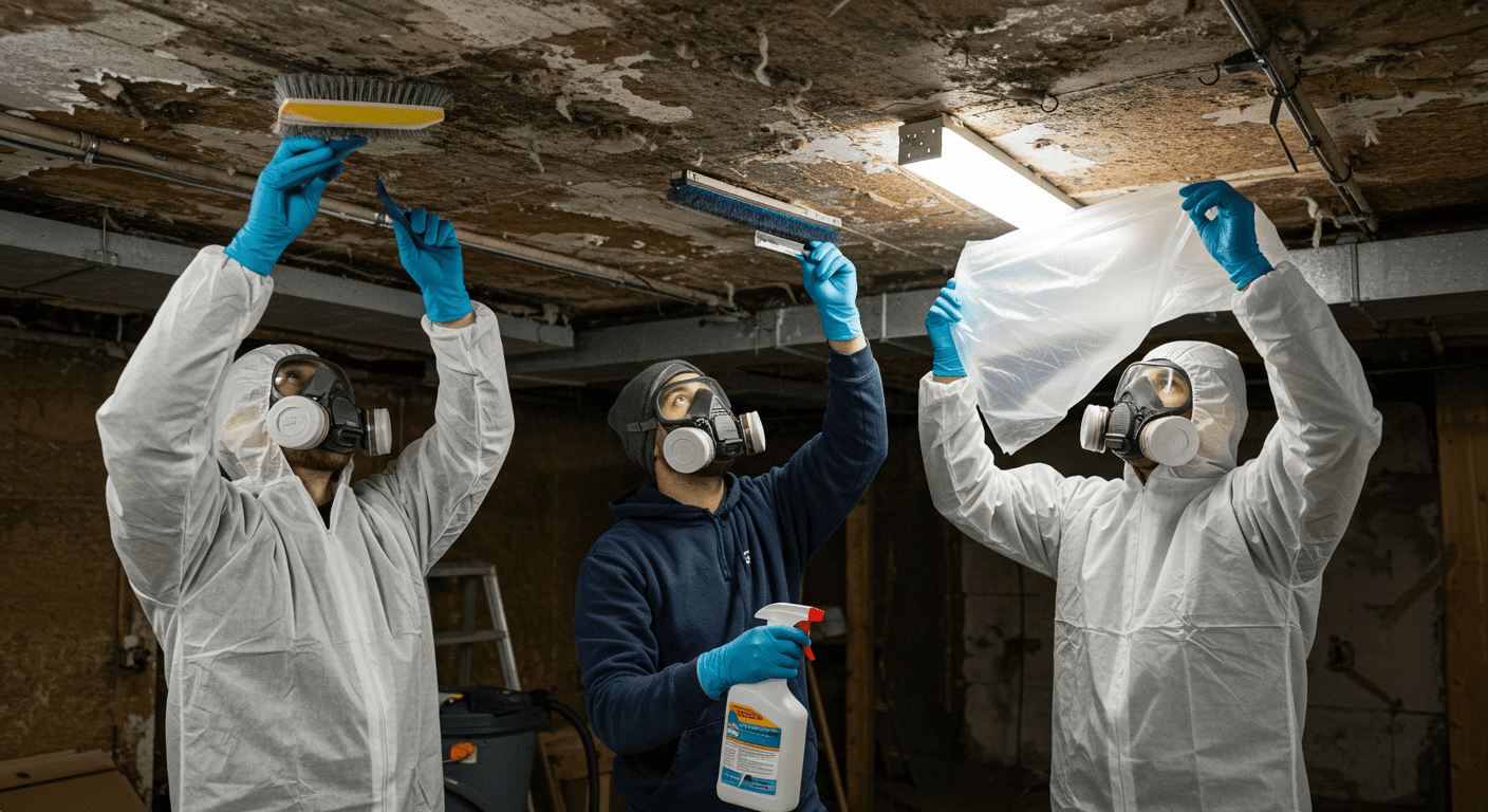 A team of mold remediation professionals working together to remove mold from a ceiling, showcasing teamwork and expertise in action.