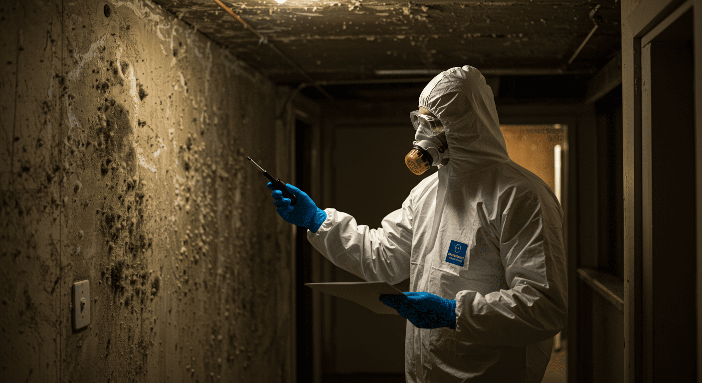 A professional mold remediation specialist in protective gear inspecting a home for mold. The background shows a dimly lit basement with visible mold patches on the walls.