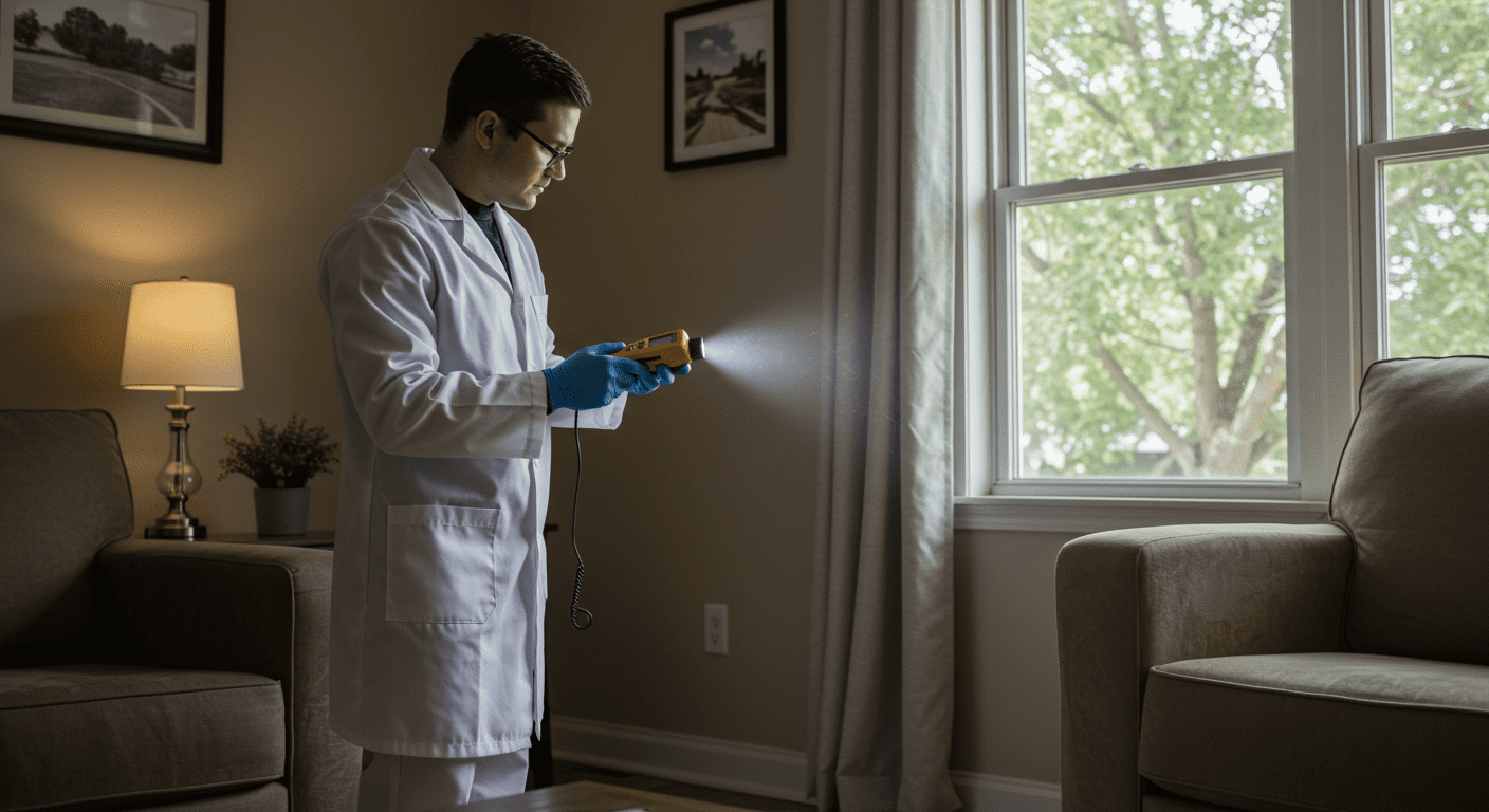 A certified mold inspector examining a home’s interior, using a moisture meter and flashlight to check for mold in corners and behind furniture.