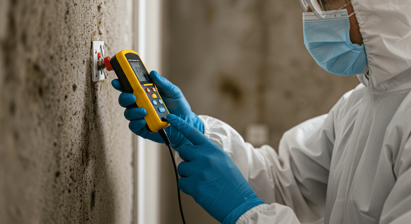 A close-up of a professional mold inspector examining a wall with a moisture meter, highlighting the presence of mold. The inspector is wearing protective gear, emphasizing safety during the inspection process.