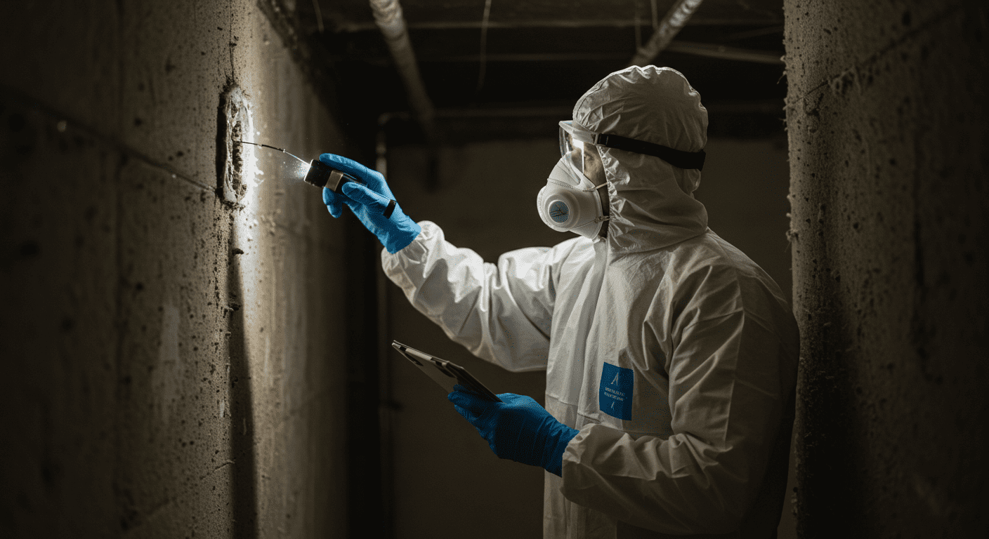 A professional wearing protective gear examines a wall for black mold using a flashlight and inspection tools. The setting is a dimly lit basement with visible signs of mold growth.