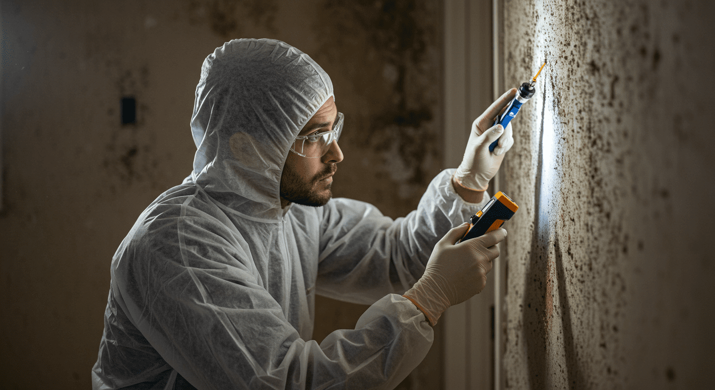A professional mold inspector examining a home’s interior, using tools like a moisture meter and flashlight. The inspector is focused on a wall where mold is visible.