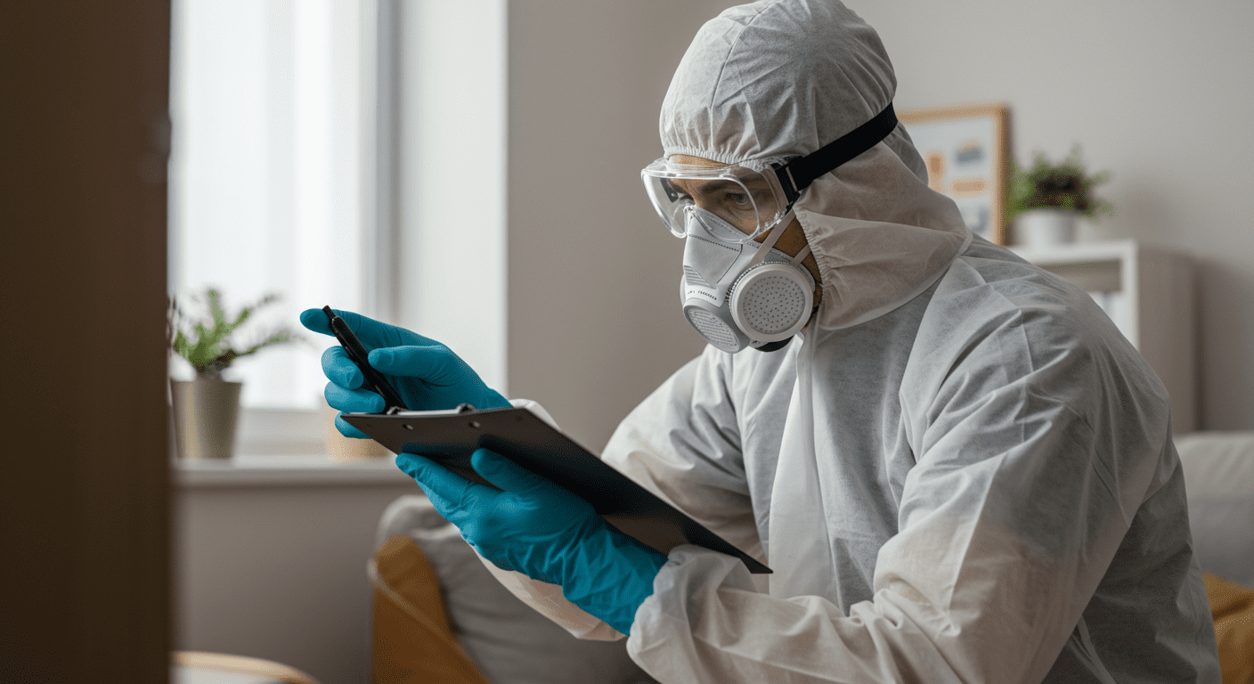 A professional wearing protective gear inspecting a corner of a room for mold