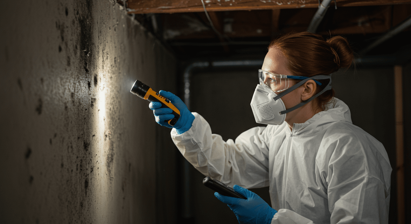 A professional mold inspector wearing protective gear examines a wall for mold growth using a flashlight and moisture meter.