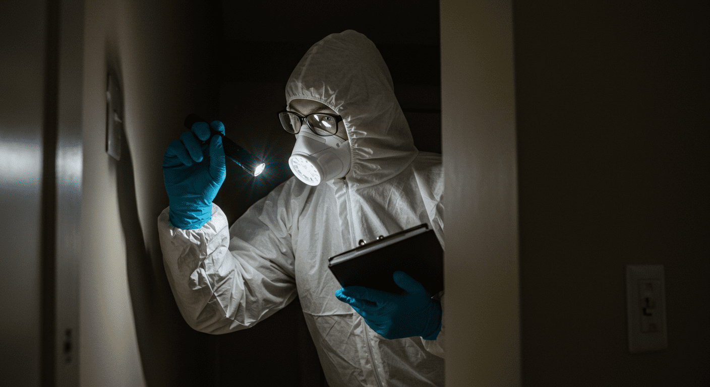A professional mold remediation specialist in protective gear inspecting a home for black mold.