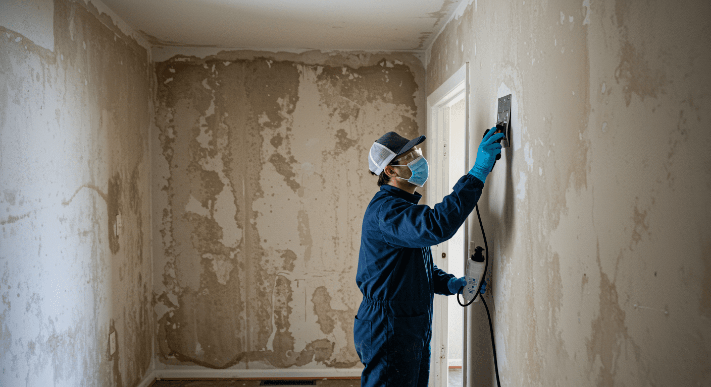 A technician applying a mold prevention treatment in a damp area of a home, with visible water stains on the walls.