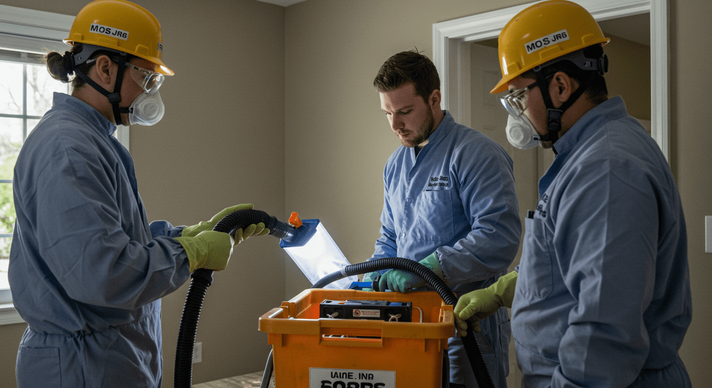 A mold remediation team working together in a home, using specialized equipment to remove mold. The image captures teamwork and professionalism, with the team members focused on their tasks.