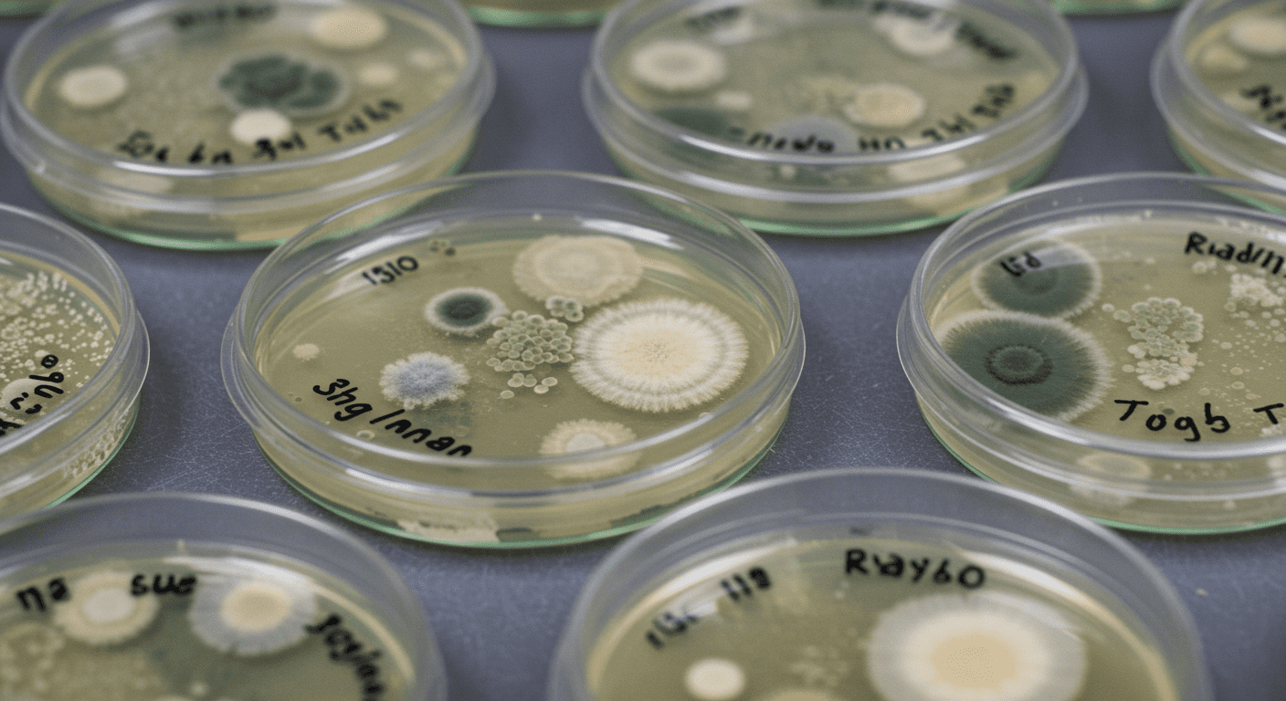 A close-up view of petri dishes containing mold samples collected from various surfaces in a home, illustrating the scientific aspect of mold testing.