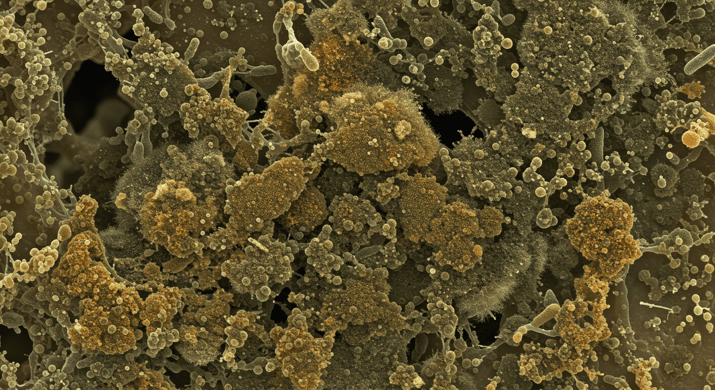 A macro shot of mold spores on a surface, with a focus on the texture and color of the mold.