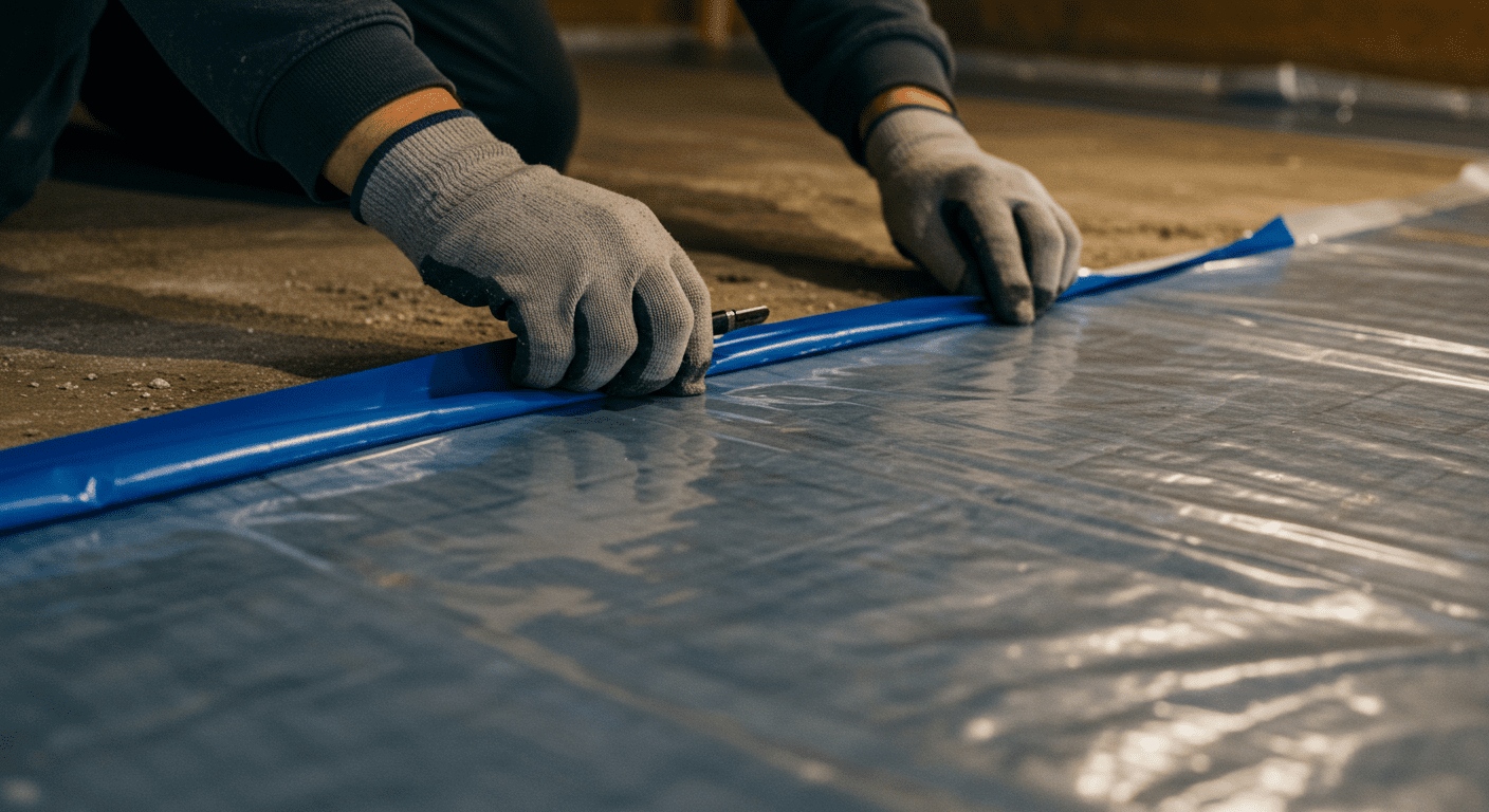 A close-up shot of a technician applying a moisture barrier in a crawlspace. The technician is focused on sealing the edges, showcasing the meticulous work involved in the encapsulation process.
