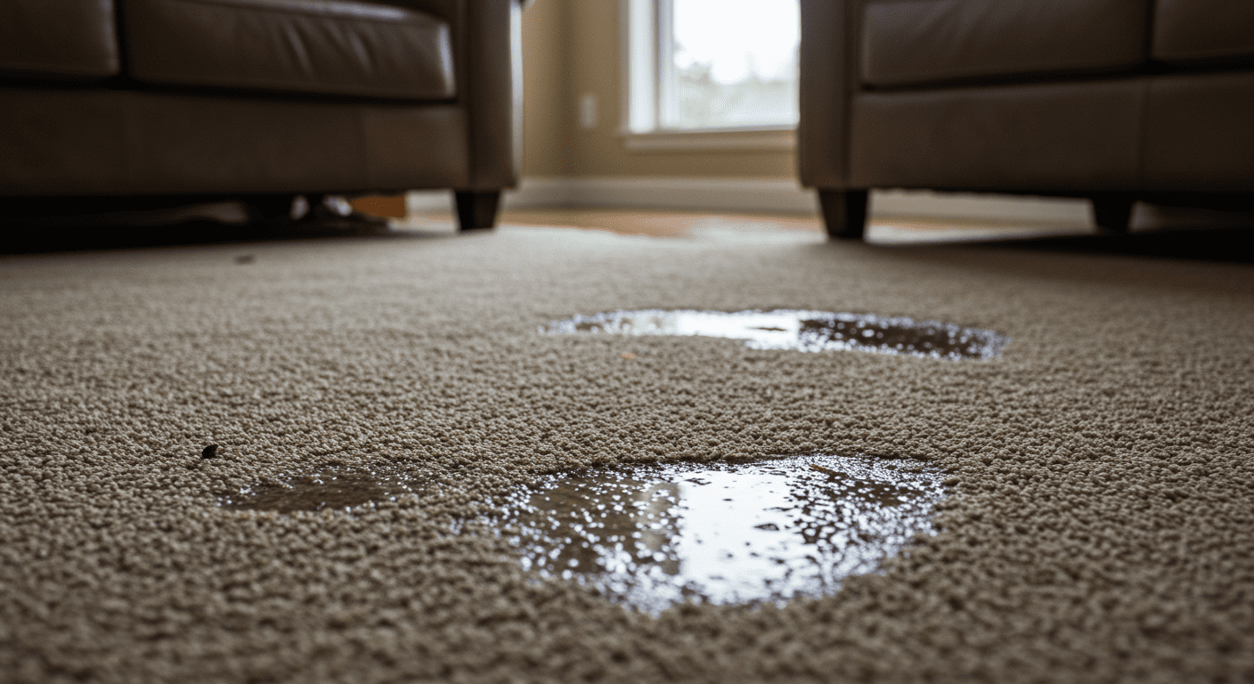 A close-up view of a living room with visible water damage, showcasing wet carpets and water stains on the walls. The scene should evoke a sense of urgency and concern.