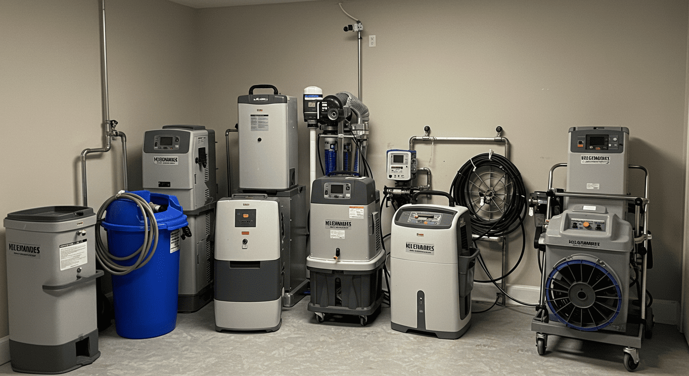 A collection of advanced water mitigation equipment, such as dehumidifiers and air movers, set up in a Newark home. The image focuses on the technology used in water damage restoration, conveying professionalism and reliability.