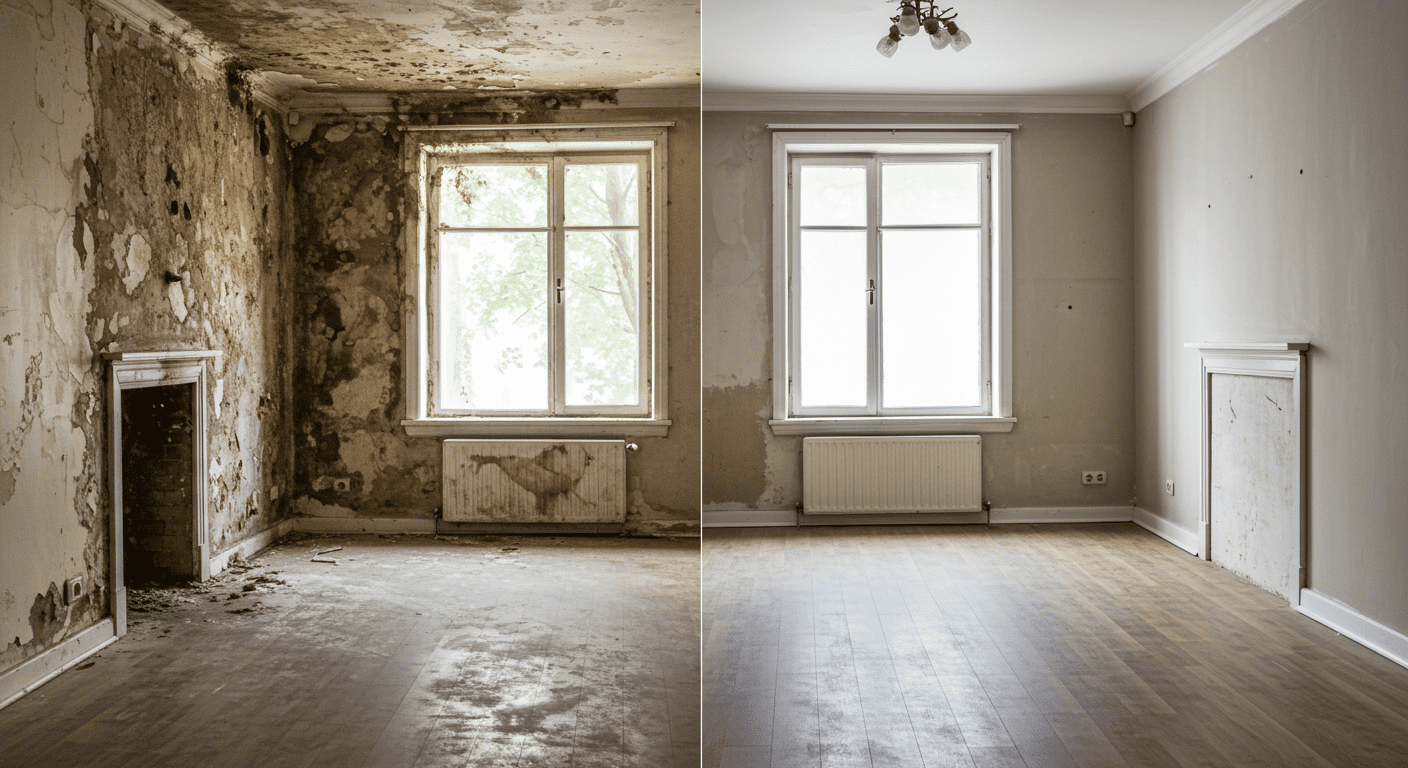 A split image showcasing a room before and after mold remediation. The left side shows visible mold and damage, while the right side displays a clean, restored space, emphasizing the effectiveness of professional services.