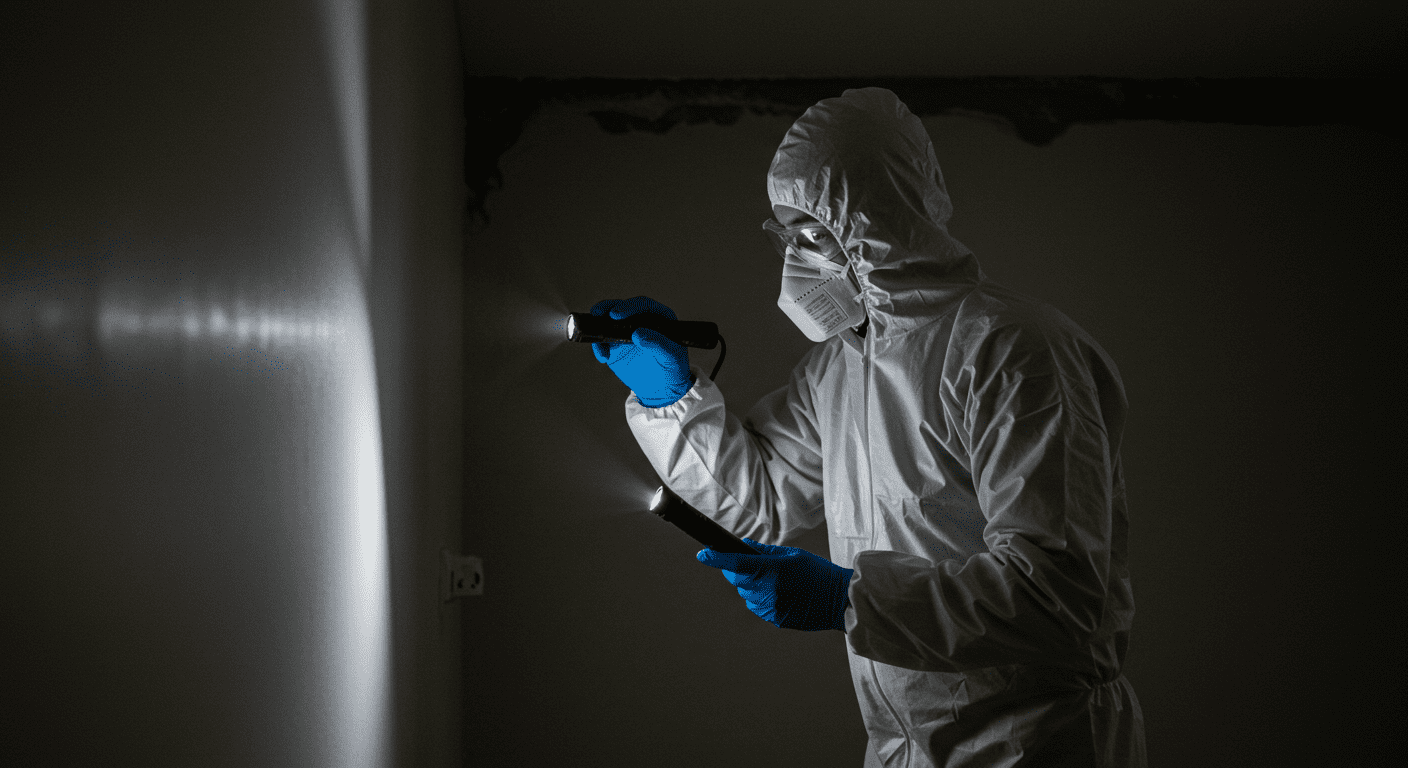 A professional wearing protective gear is inspecting a corner of a room for mold, using a flashlight to illuminate dark areas. The focus is on the inspector's careful examination, highlighting the importance of thorough inspections.