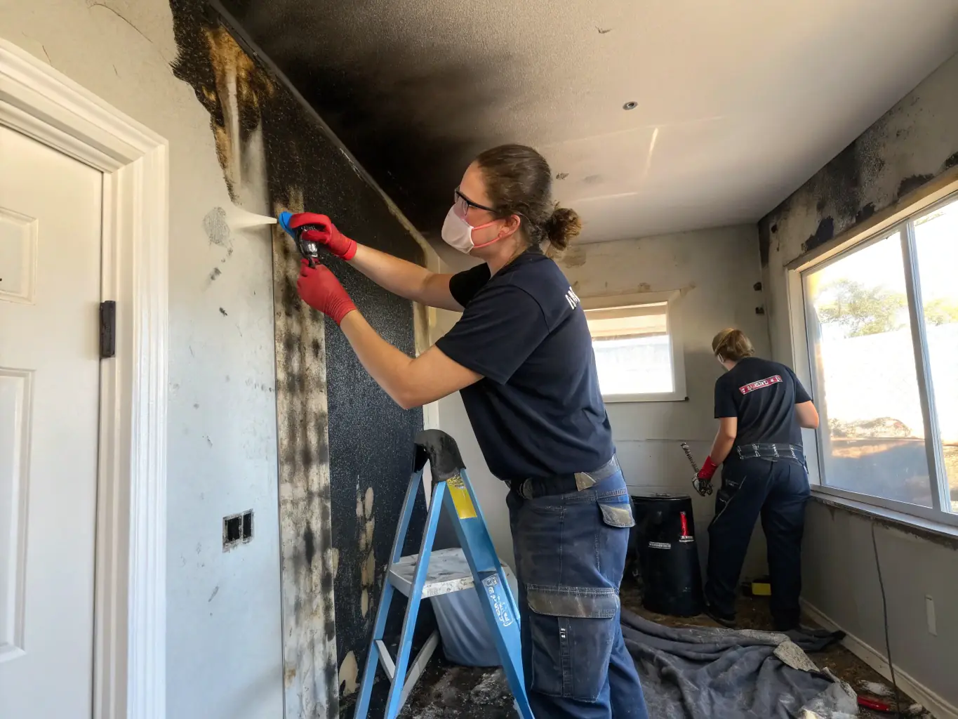 Restoration experts cleaning soot from a burned wall with specialized equipment, highlighting their meticulous approach to fire damage restoration.