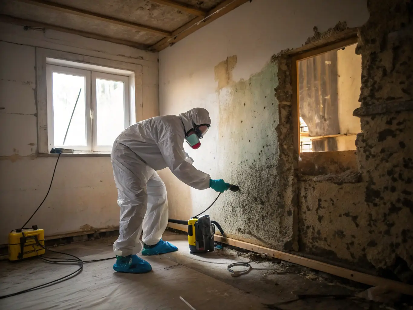 Technicians wearing protective gear inspecting mold growth behind drywall, emphasizing the importance of professional mold remediation for health and safety.