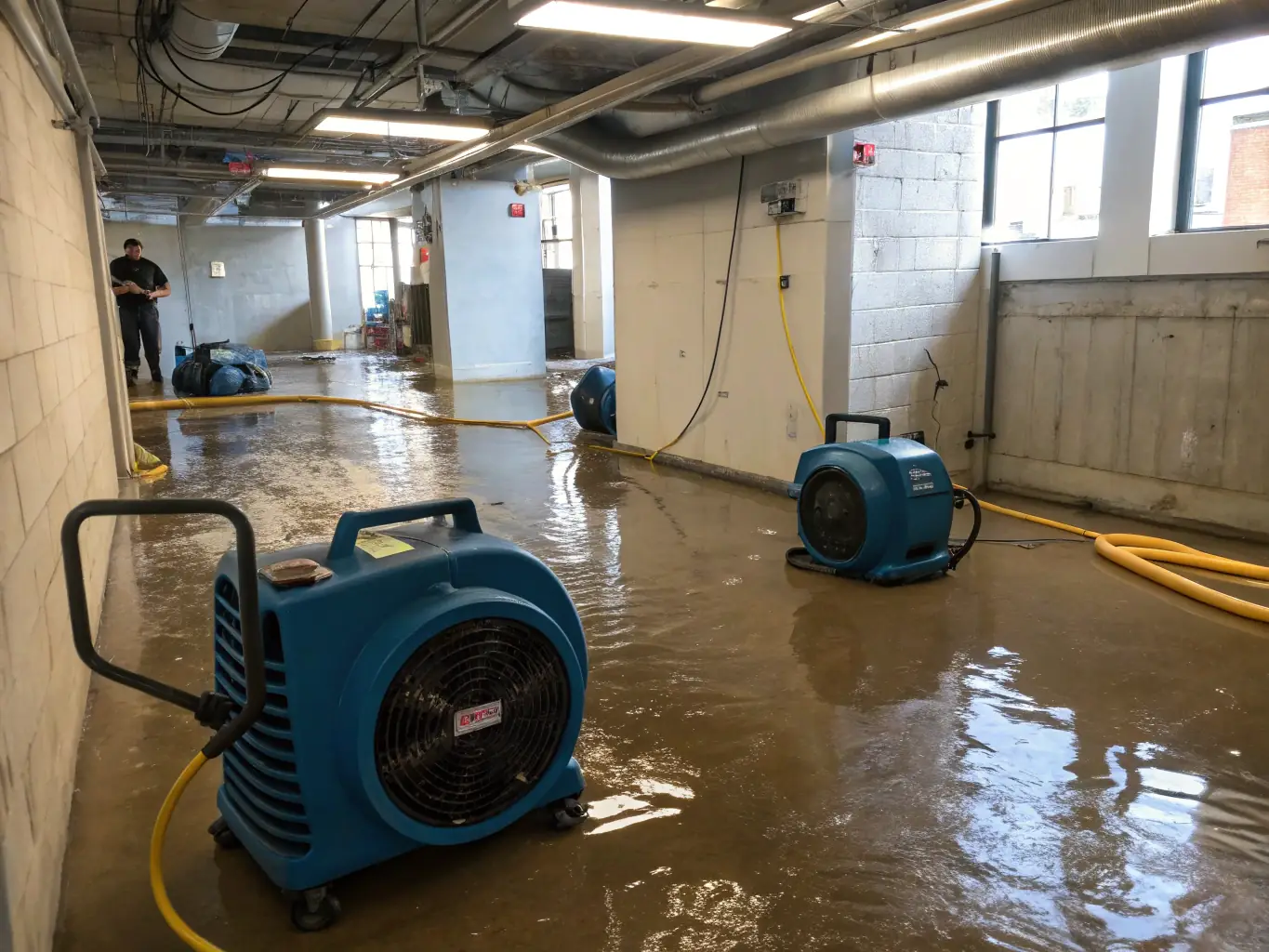 A team of technicians using industrial drying equipment to restore a flooded basement, showcasing their expertise and the advanced technology used in water damage restoration.