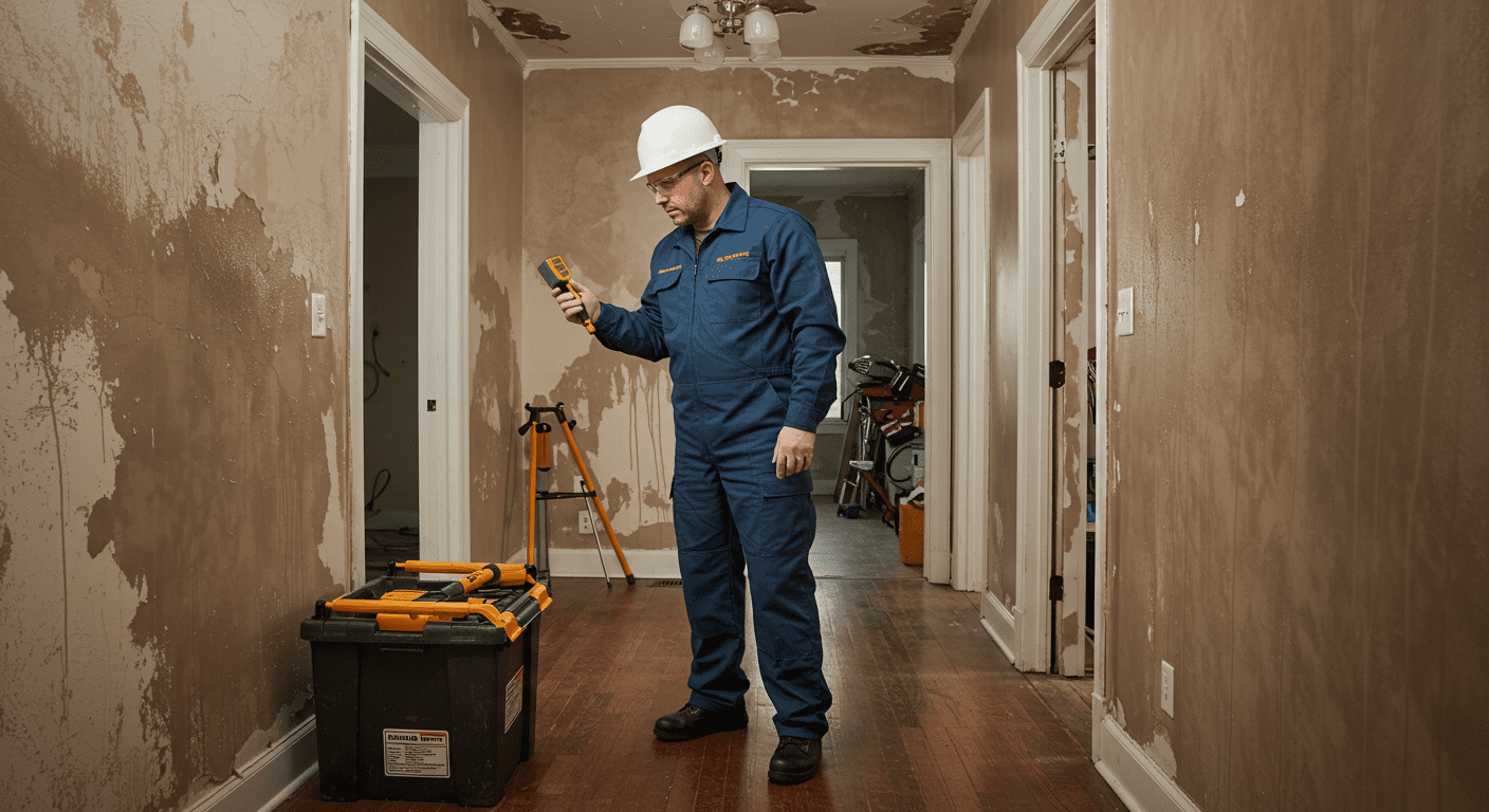 A professional restoration technician inspecting a home with visible water damage on the walls and floor. The technician is using a moisture meter, with tools and equipment in the background.