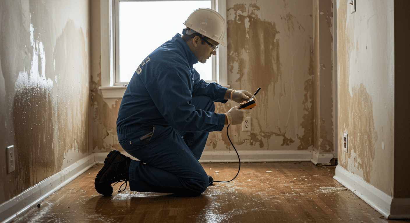 A professional water damage inspector kneeling on a wet floor, examining water stains on the walls with a moisture meter. The room is dimly lit, showcasing visible water damage on the walls and flooring.